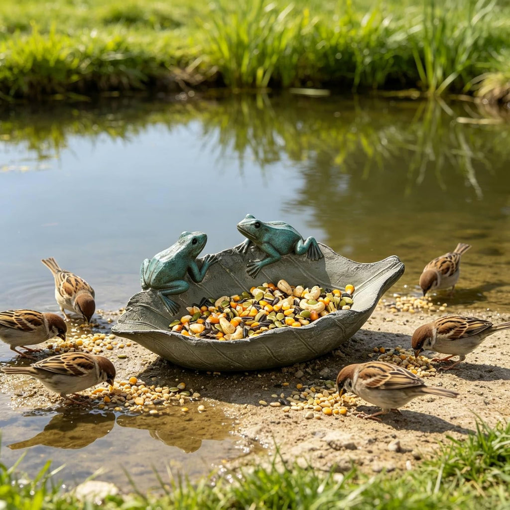🐸 Frog Bird Feeder 🍃 Leaf Shaped Bird Bath Bowl 💧 2-in-1 Outdoor Garden Decor