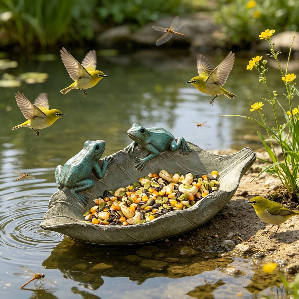 🐸 Frog Bird Feeder 🍃 Leaf Shaped Bird Bath Bowl 💧 2-in-1 Outdoor Garden Decor