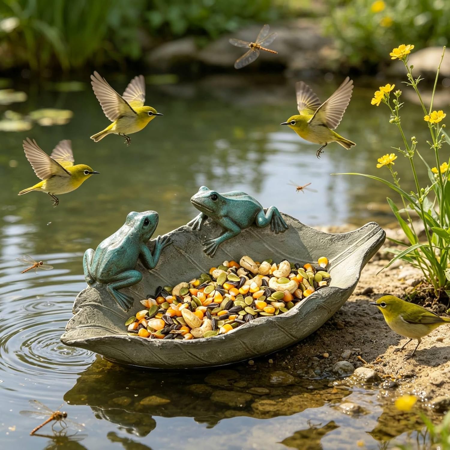 🐸 Frog Bird Feeder 🍃 Leaf Shaped Bird Bath Bowl 💧 2-in-1 Outdoor Garden Decor