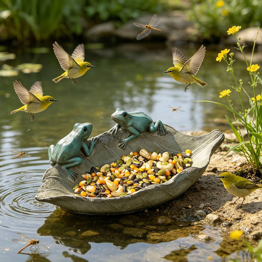 🐸 Frog Bird Feeder 🍃 Leaf Shaped Bird Bath Bowl 💧 2-in-1 Outdoor Garden Decor