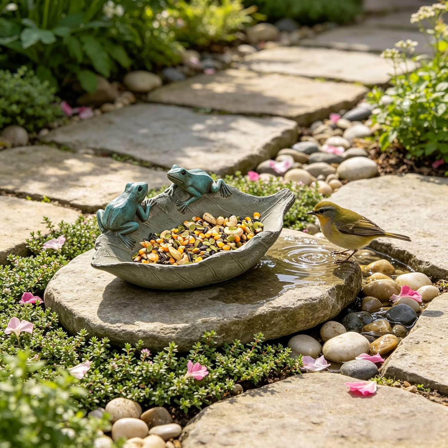 🐸 Frog Bird Feeder 🍃 Leaf Shaped Bird Bath Bowl 💧 2-in-1 Outdoor Garden Decor
